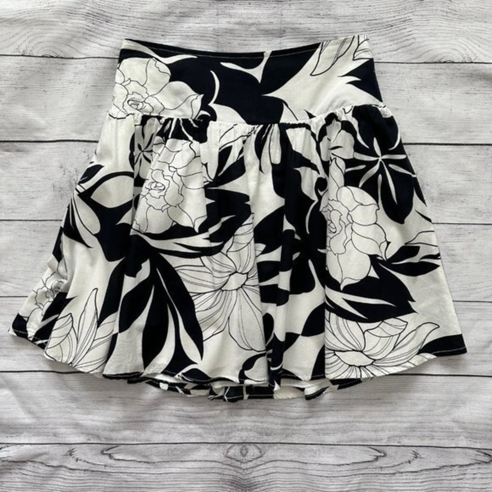 ROXY Black and White Floral Tropical Full Flowy Lined Mini‎ Skirt Size 1